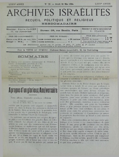 Archives israélites de France. Vol.75 N°22 (28 mai 1914)
